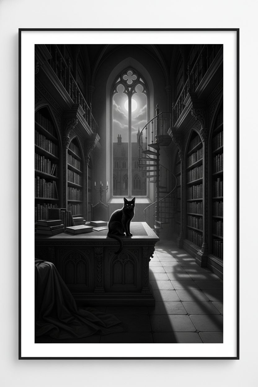 Charcoal Reverie: A Scholar's Retreat with Feline Companion main artwork