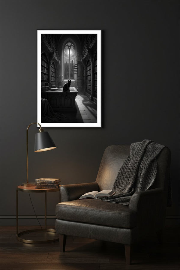 Charcoal Reverie: A Scholar's Retreat with Feline Companion wall art room scene 10