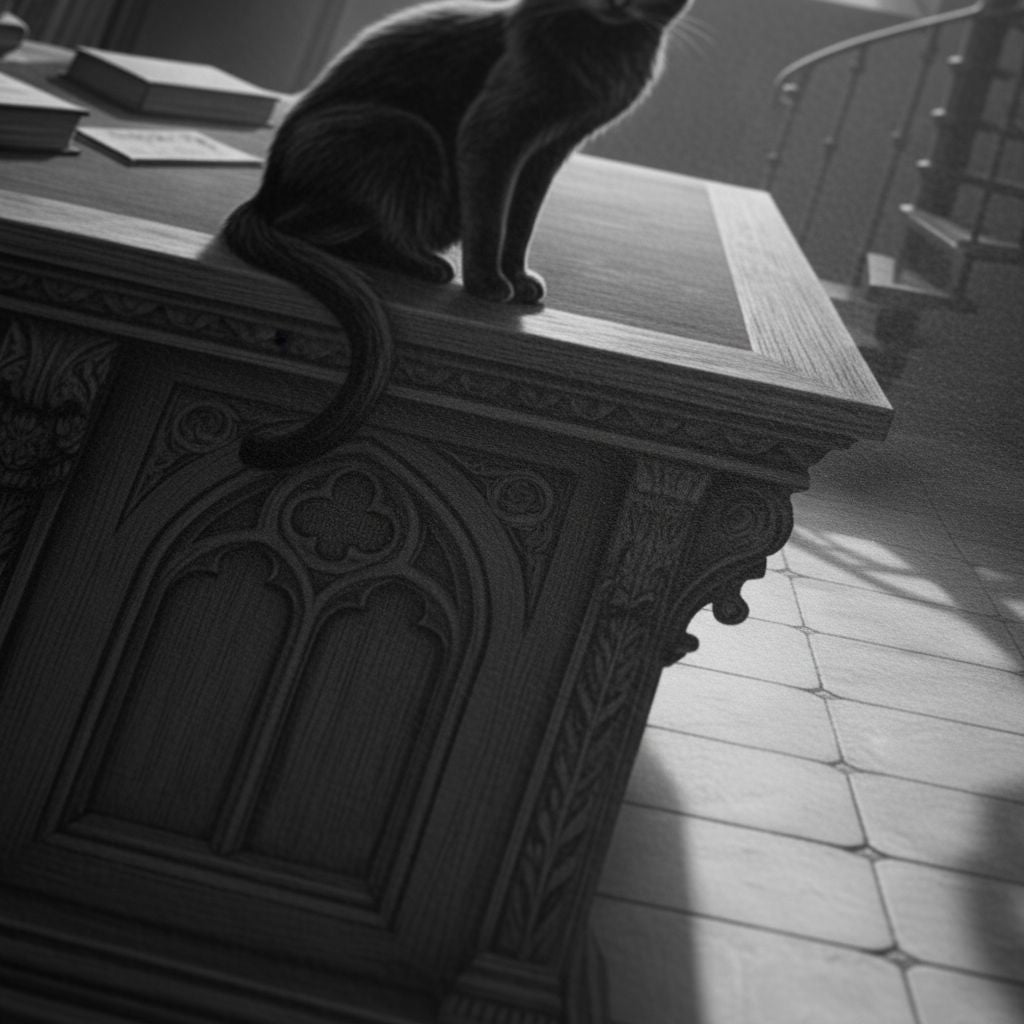 Charcoal Reverie: A Scholar's Retreat with Feline Companion detail close up 11