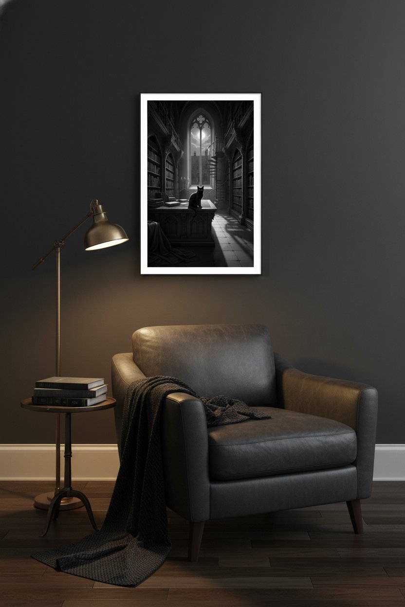 Charcoal Reverie: A Scholar's Retreat with Feline Companion wall art room scene 2