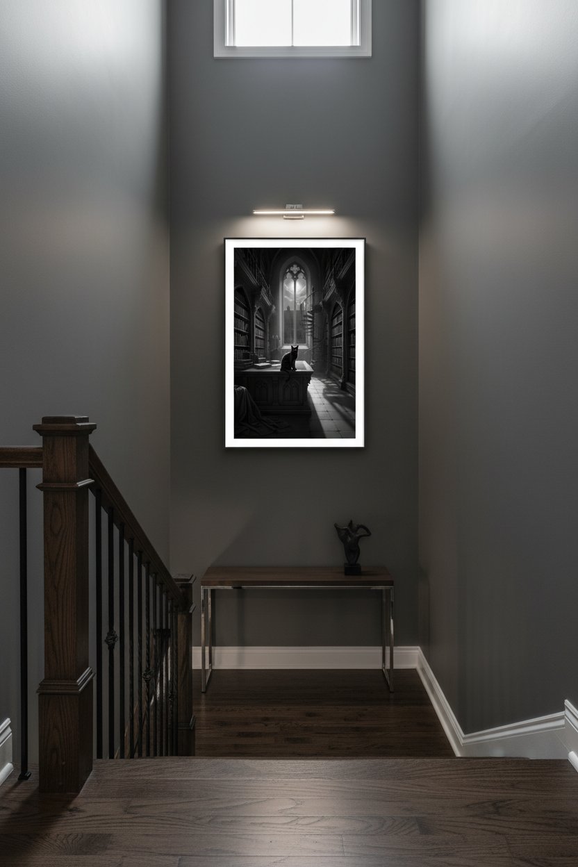 Charcoal Reverie: A Scholar's Retreat with Feline Companion wall art room scene 3