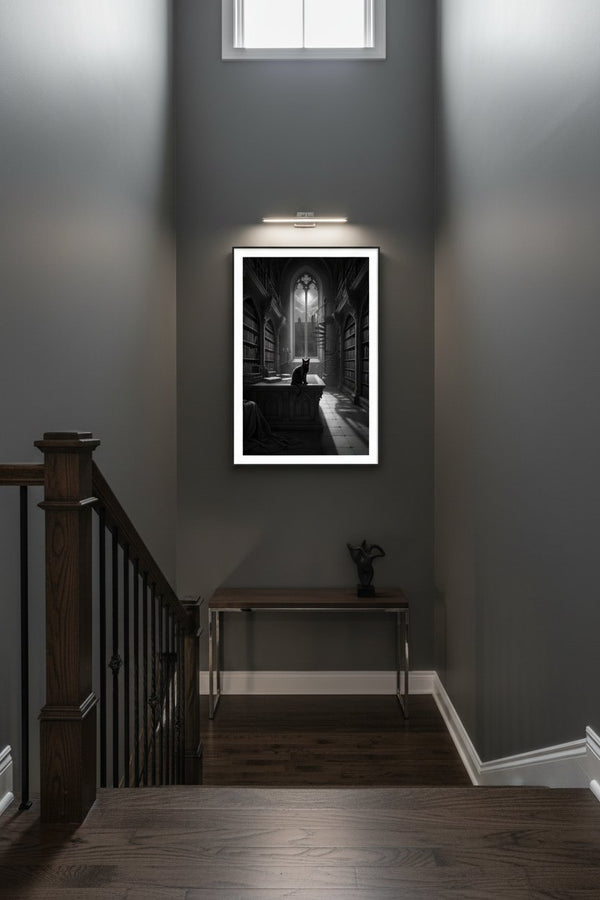 Charcoal Reverie: A Scholar's Retreat with Feline Companion wall art room scene 3