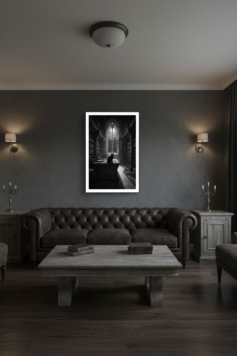 Charcoal Reverie: A Scholar's Retreat with Feline Companion wall art room scene 4