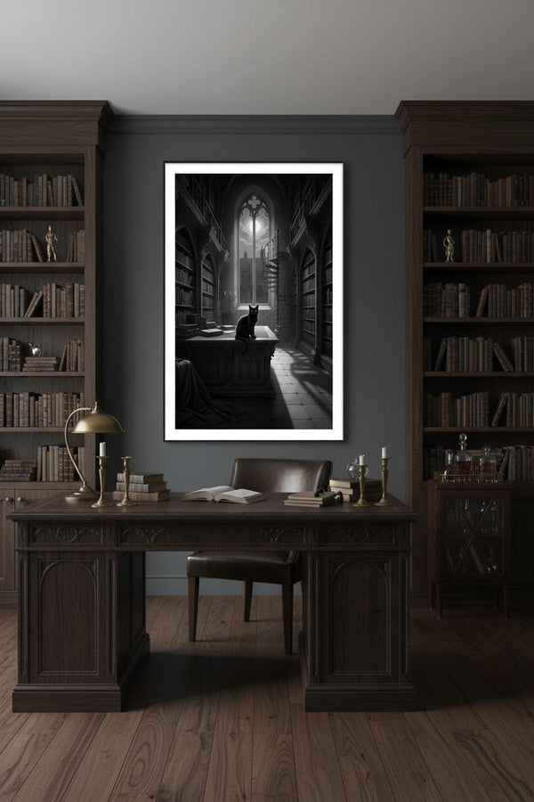 Charcoal Reverie: A Scholar's Retreat with Feline Companion wall art room scene 5