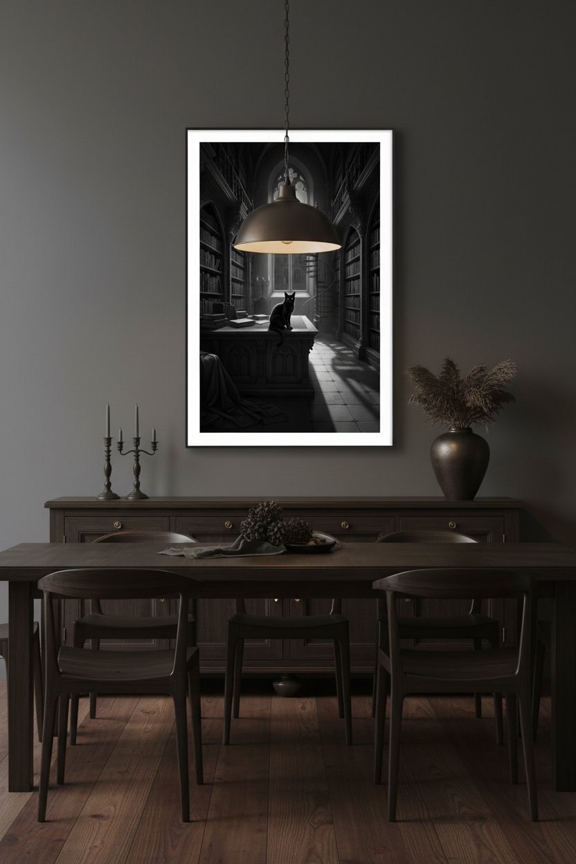 Charcoal Reverie: A Scholar's Retreat with Feline Companion wall art room scene 6