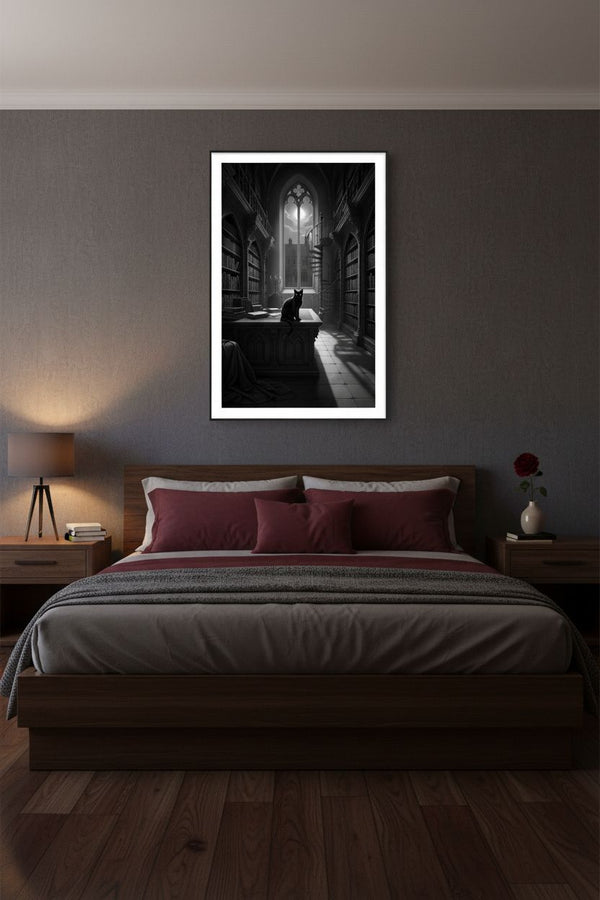 Charcoal Reverie: A Scholar's Retreat with Feline Companion wall art room scene 7