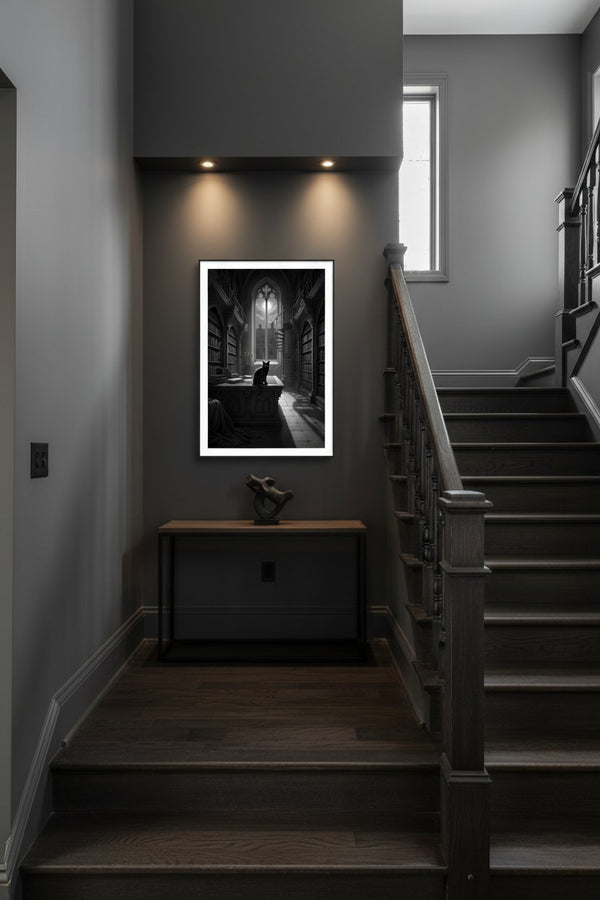 Charcoal Reverie: A Scholar's Retreat with Feline Companion wall art room scene 8