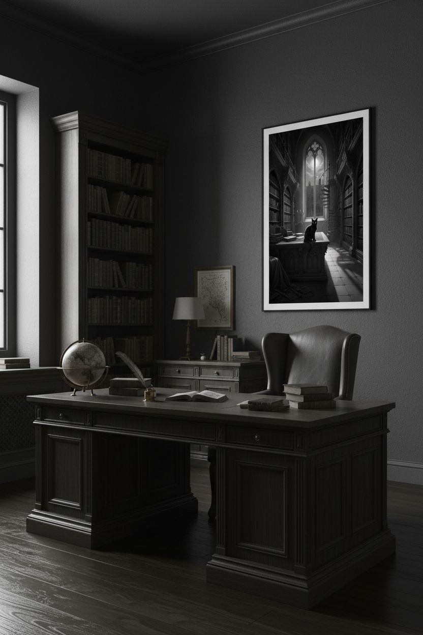 Charcoal Reverie: A Scholar's Retreat with Feline Companion wall art room scene 9