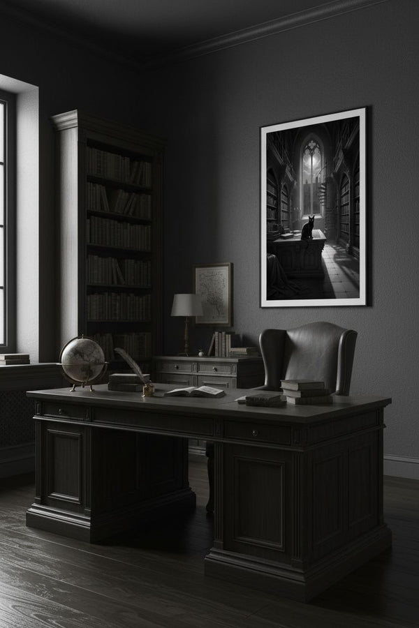 Charcoal Reverie: A Scholar's Retreat with Feline Companion wall art room scene 9