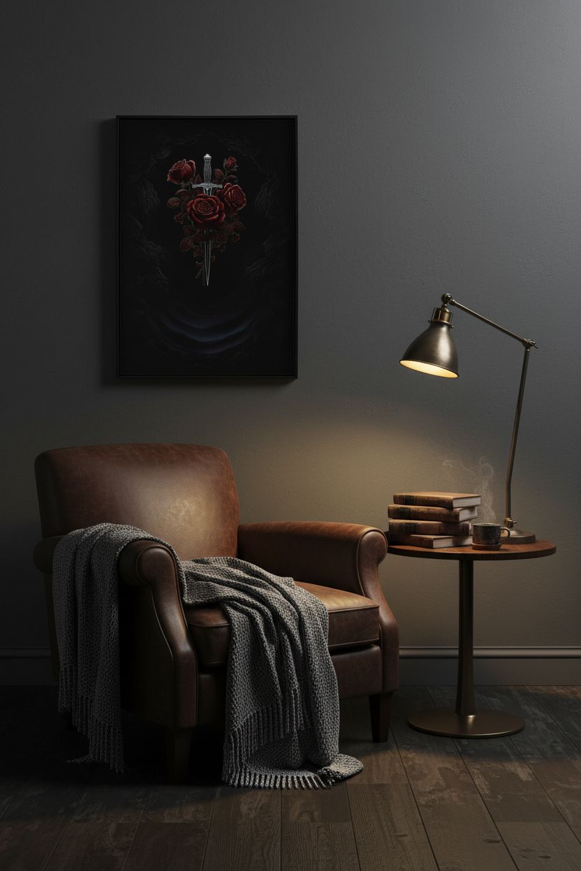 Crimson Dagger Bloom: Baroque Shadow Study wall art room scene 2