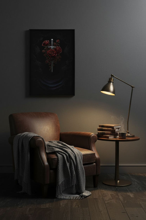 Crimson Dagger Bloom: Baroque Shadow Study wall art room scene 2