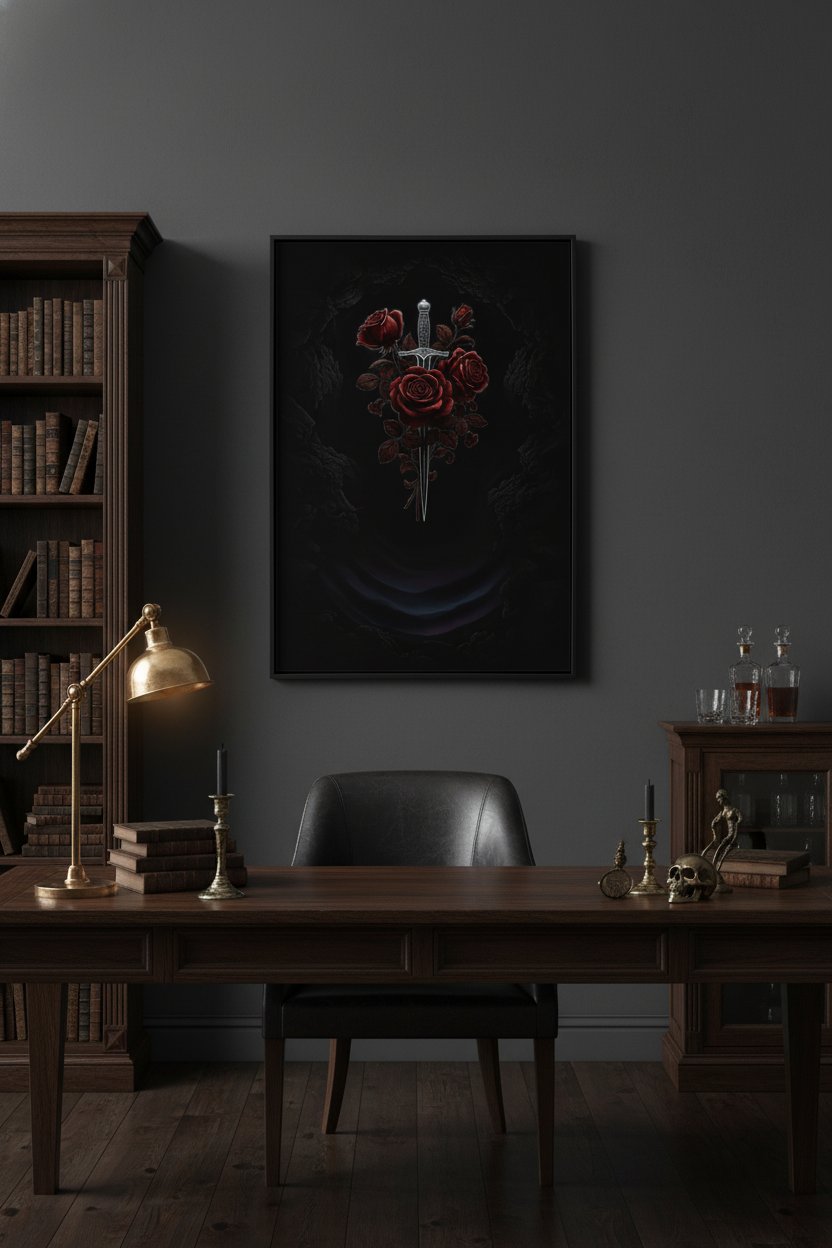 Crimson Dagger Bloom: Baroque Shadow Study wall art room scene 8