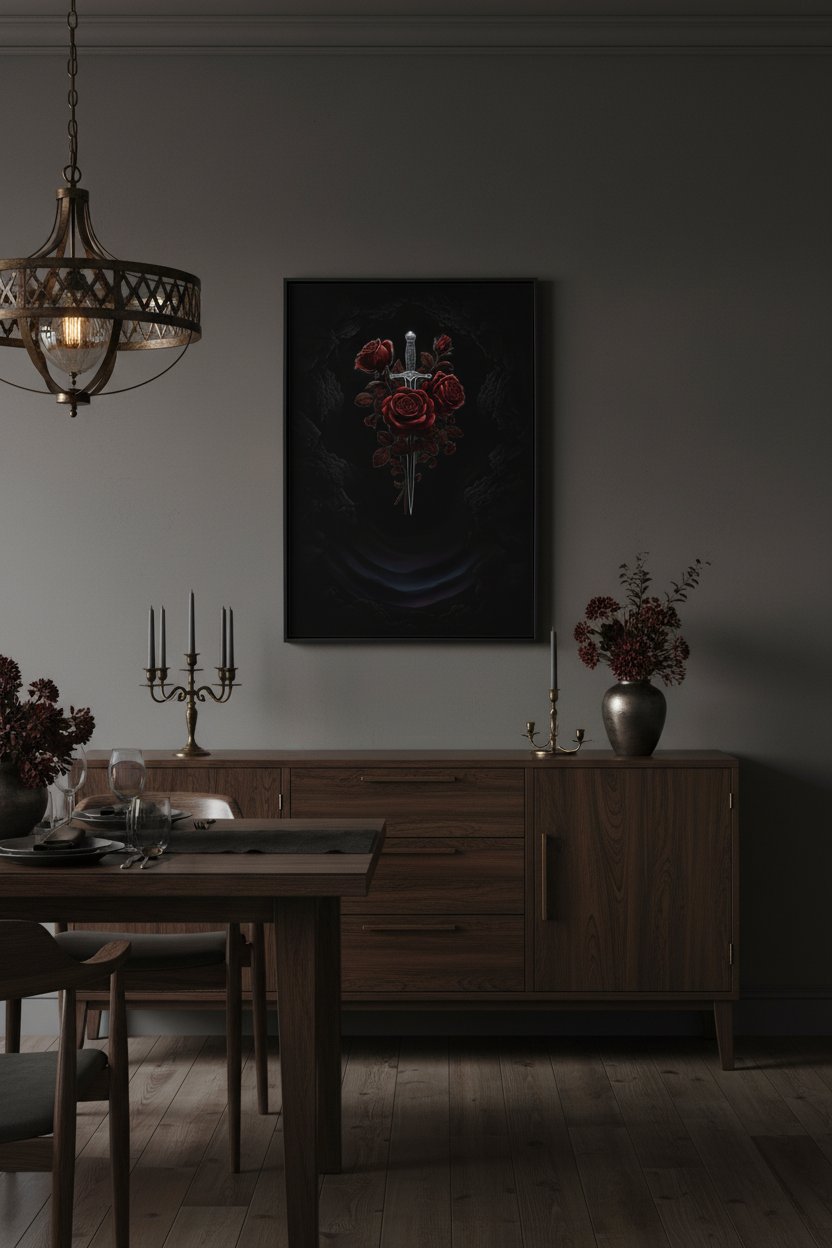 Crimson Dagger Bloom: Baroque Shadow Study wall art room scene 9