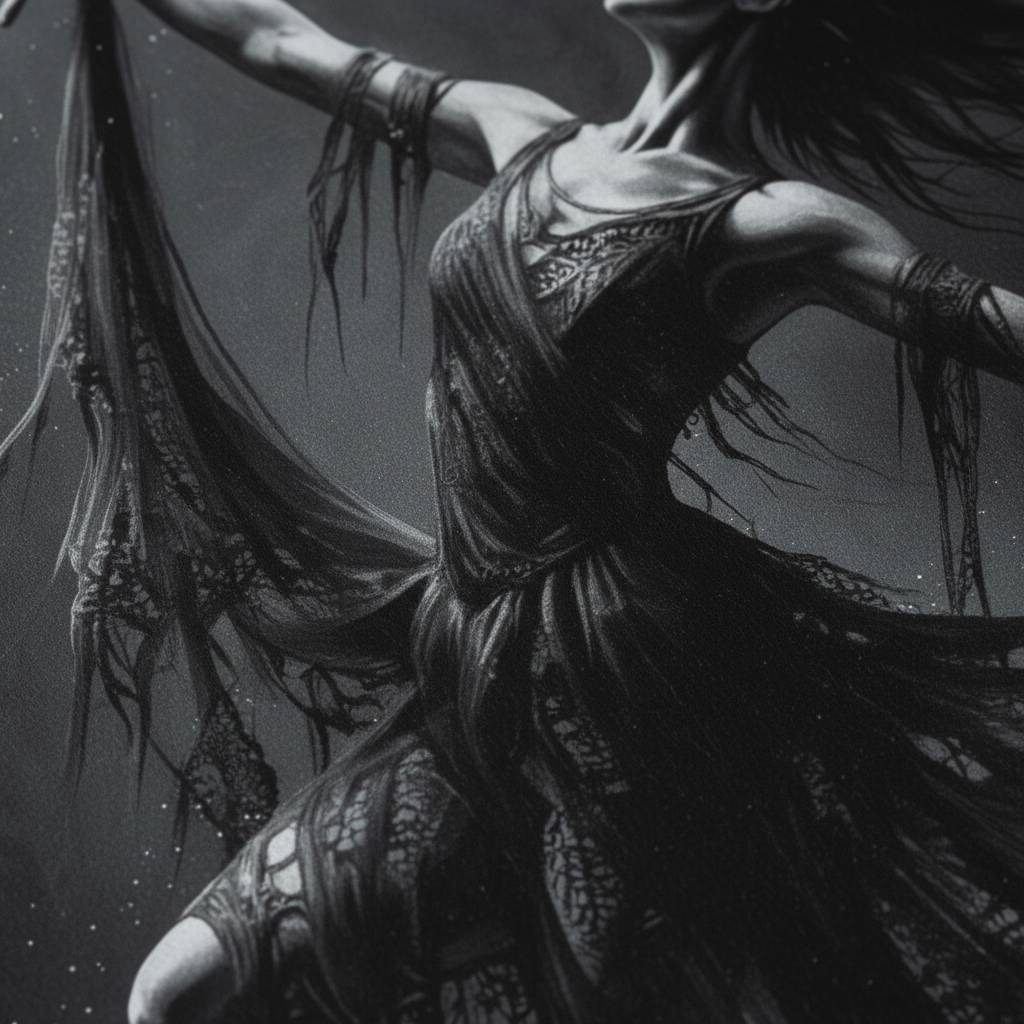 Eclipsed Aria: Gothic Ballerina Museum-Quality Art Print detail close up 11