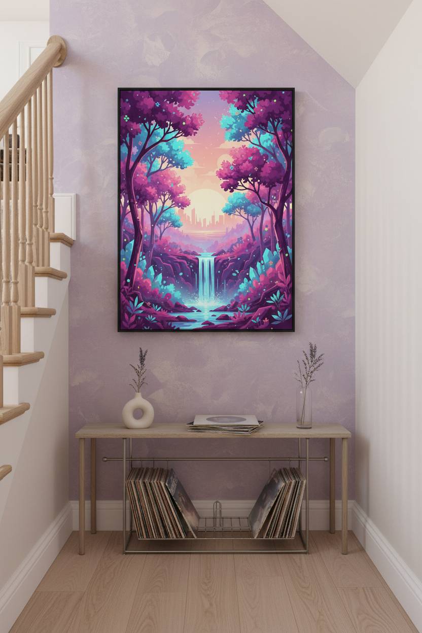 Enchanted Forest Dawn: A Vaporwave Dreamscape wall art room scene 10