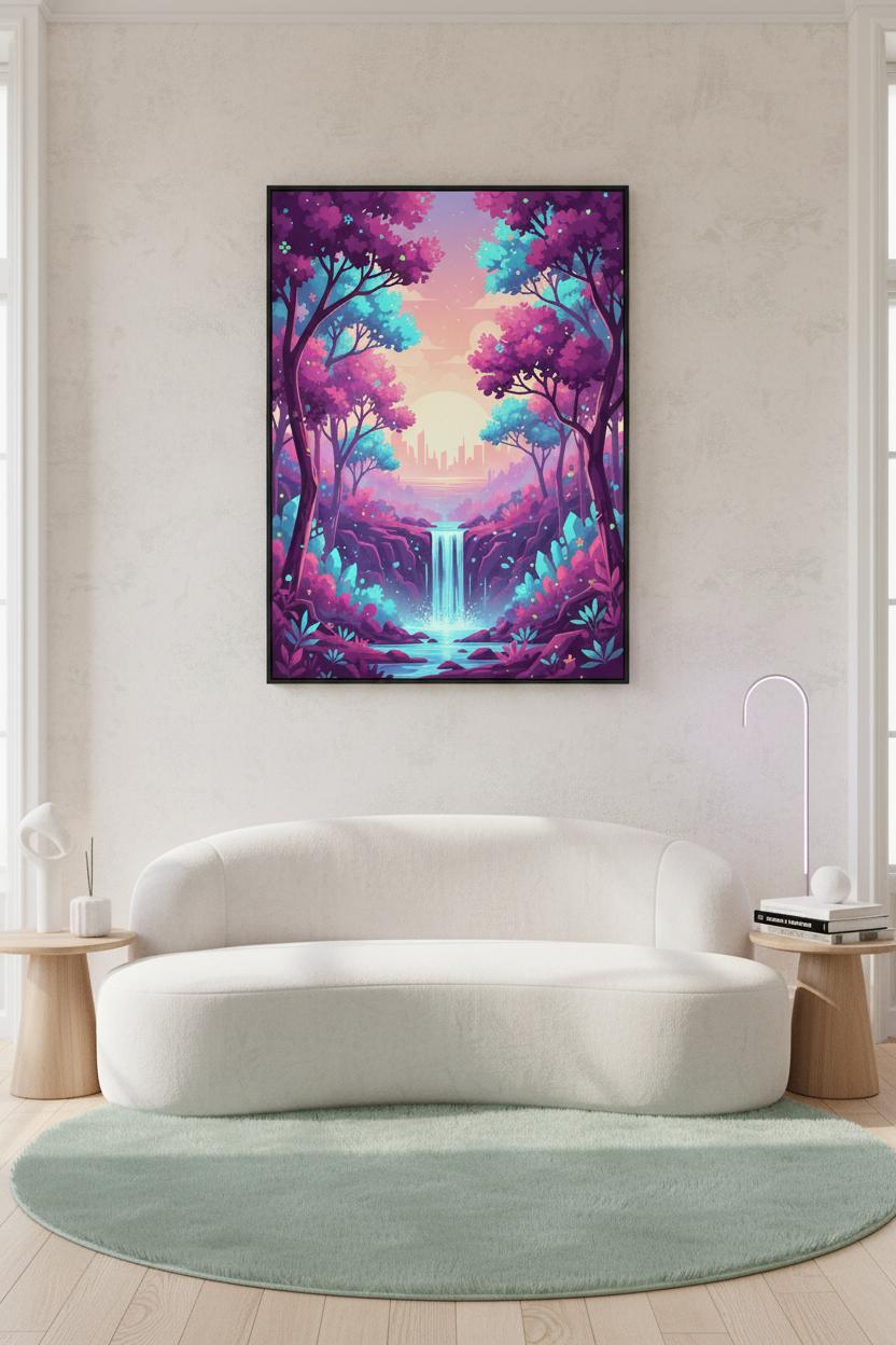 Enchanted Forest Dawn: A Vaporwave Dreamscape wall art room scene 2