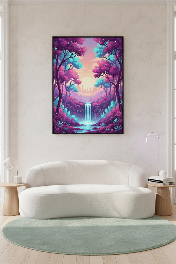 Enchanted Forest Dawn: A Vaporwave Dreamscape wall art room scene 2