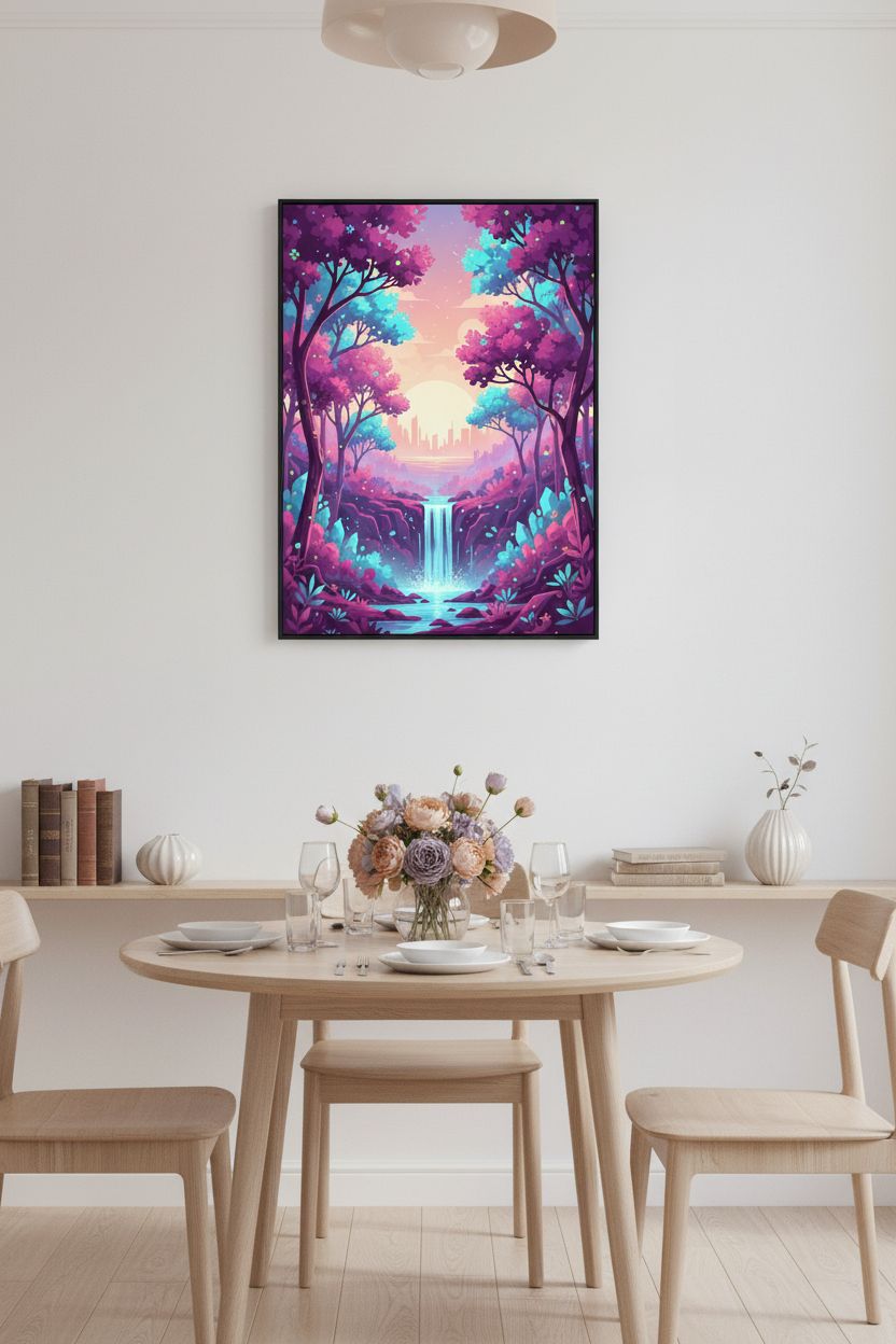 Enchanted Forest Dawn: A Vaporwave Dreamscape wall art room scene 3