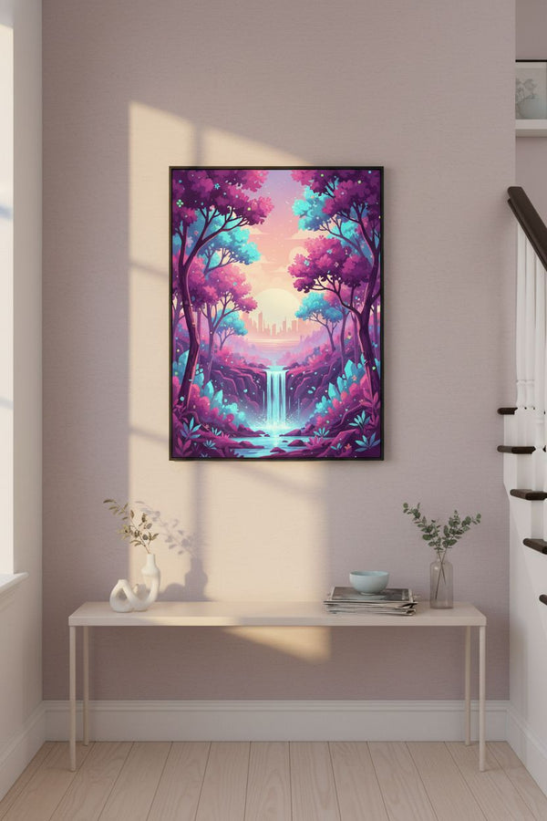 Enchanted Forest Dawn: A Vaporwave Dreamscape wall art room scene 4