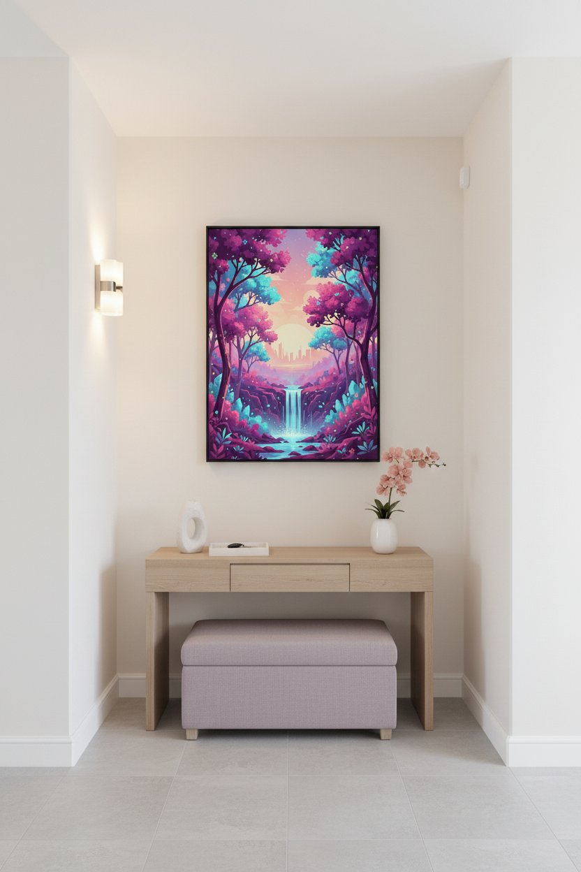 Enchanted Forest Dawn: A Vaporwave Dreamscape wall art room scene 5