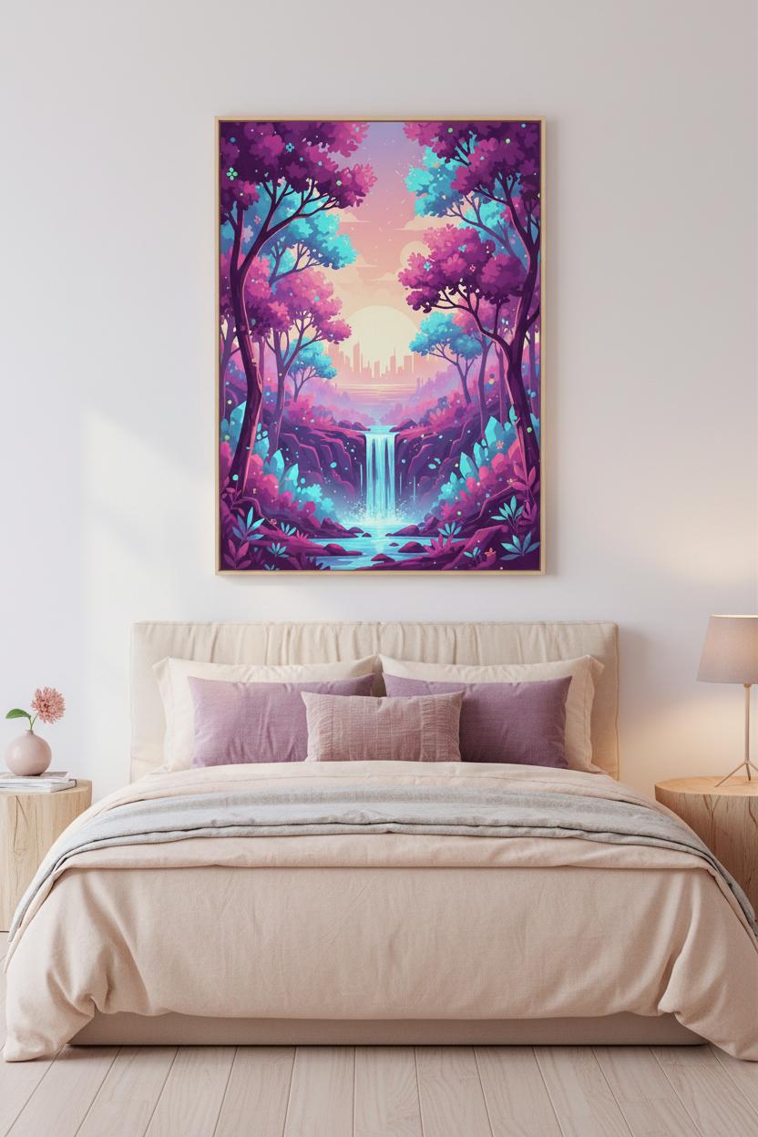 Enchanted Forest Dawn: A Vaporwave Dreamscape wall art room scene 6