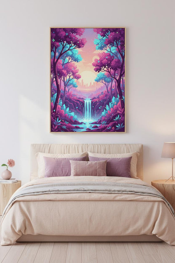 Enchanted Forest Dawn: A Vaporwave Dreamscape wall art room scene 6