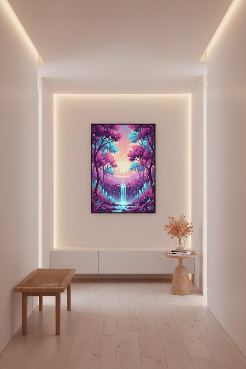 Enchanted Forest Dawn: A Vaporwave Dreamscape wall art room scene 7