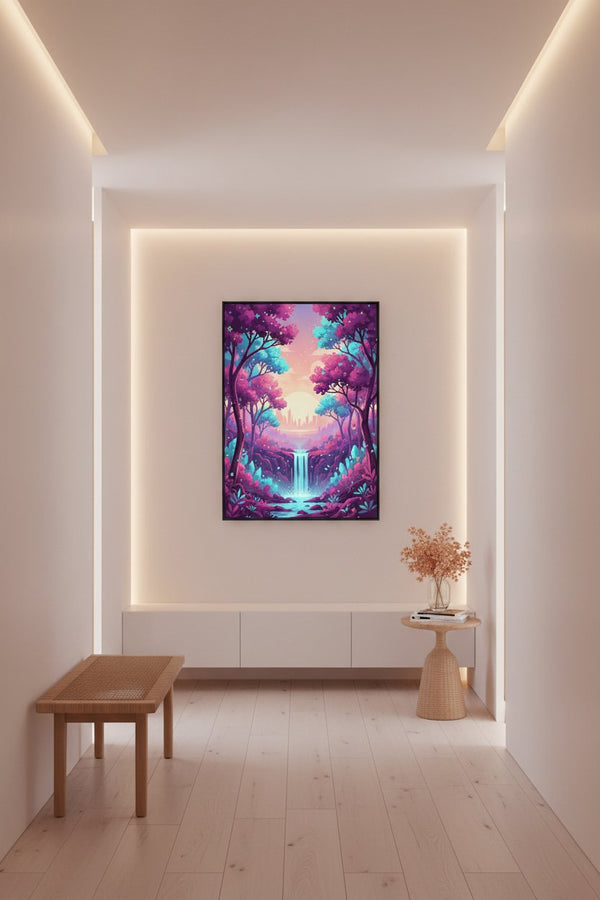 Enchanted Forest Dawn: A Vaporwave Dreamscape wall art room scene 7