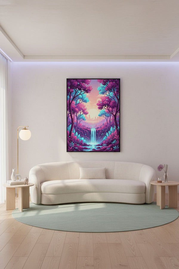 Enchanted Forest Dawn: A Vaporwave Dreamscape wall art room scene 8