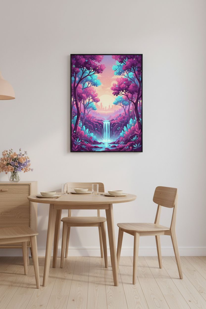Enchanted Forest Dawn: A Vaporwave Dreamscape wall art room scene 9