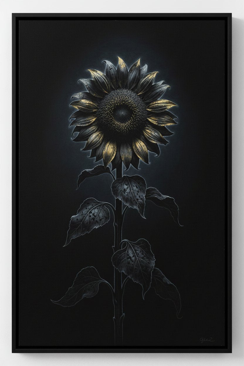 Enigmatic Sunflower: Stillness in Shadow Wall Art main artwork
