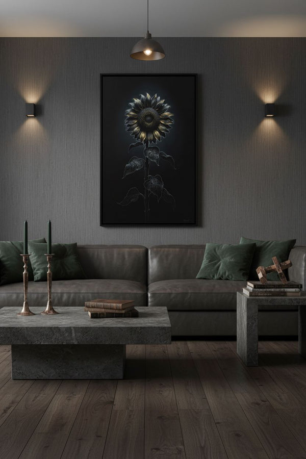 Enigmatic Sunflower: Stillness in Shadow Wall Art wall art room scene 10