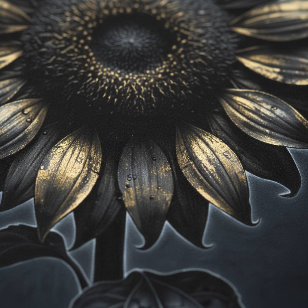 Enigmatic Sunflower: Stillness in Shadow Wall Art detail close up 12