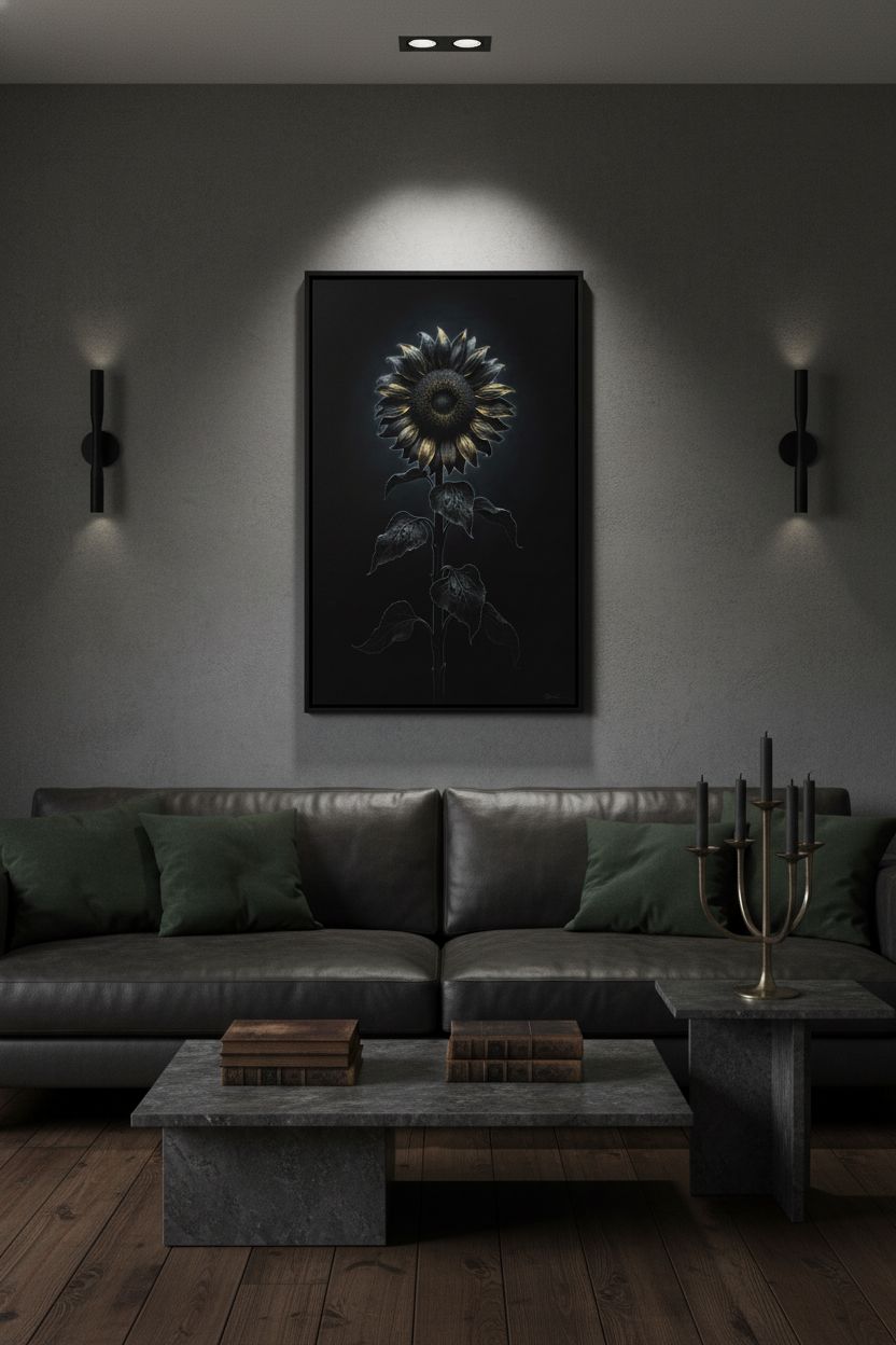 Enigmatic Sunflower: Stillness in Shadow Wall Art wall art room scene 2