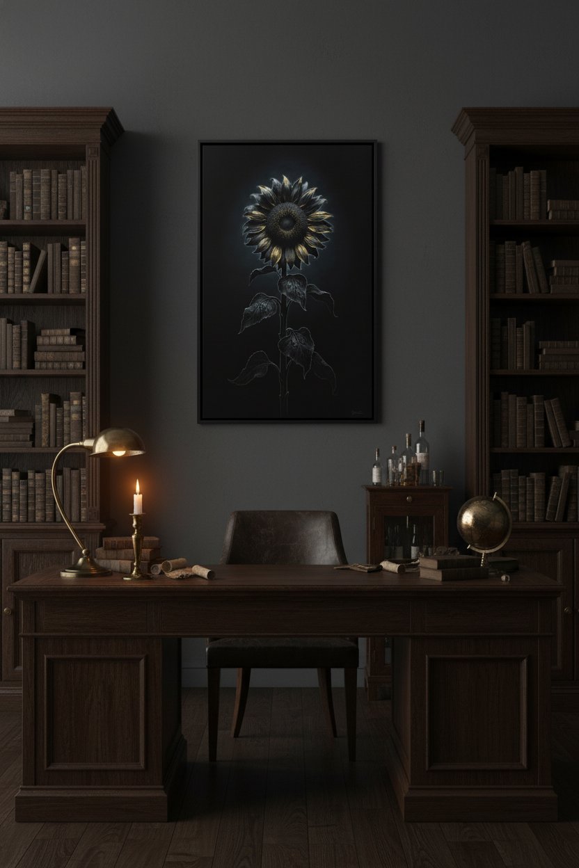 Enigmatic Sunflower: Stillness in Shadow Wall Art wall art room scene 3