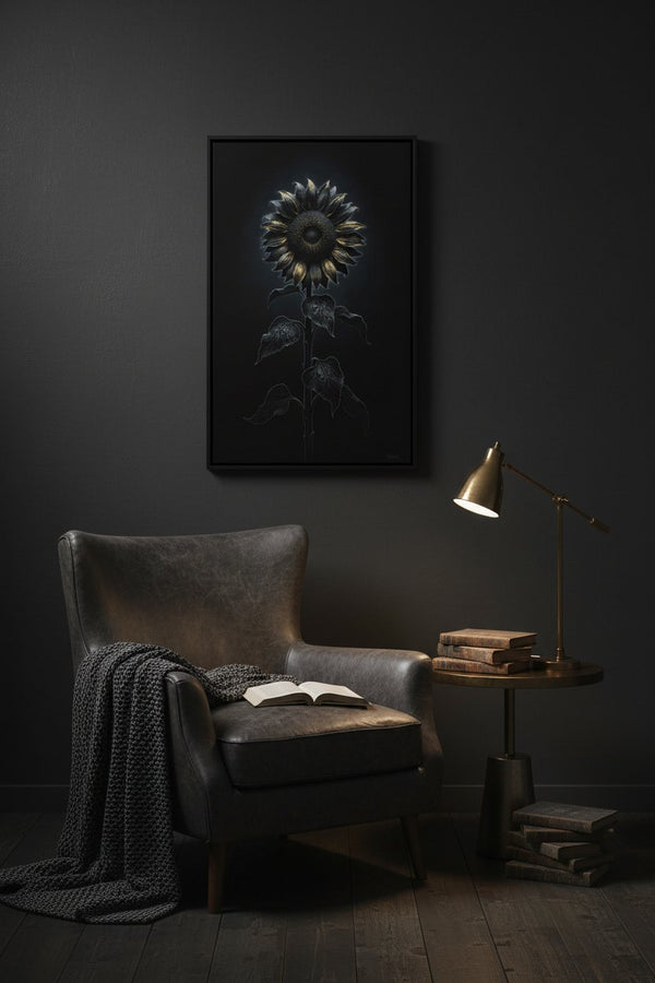 Enigmatic Sunflower: Stillness in Shadow Wall Art wall art room scene 4