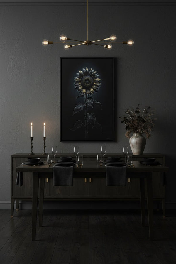 Enigmatic Sunflower: Stillness in Shadow Wall Art wall art room scene 5