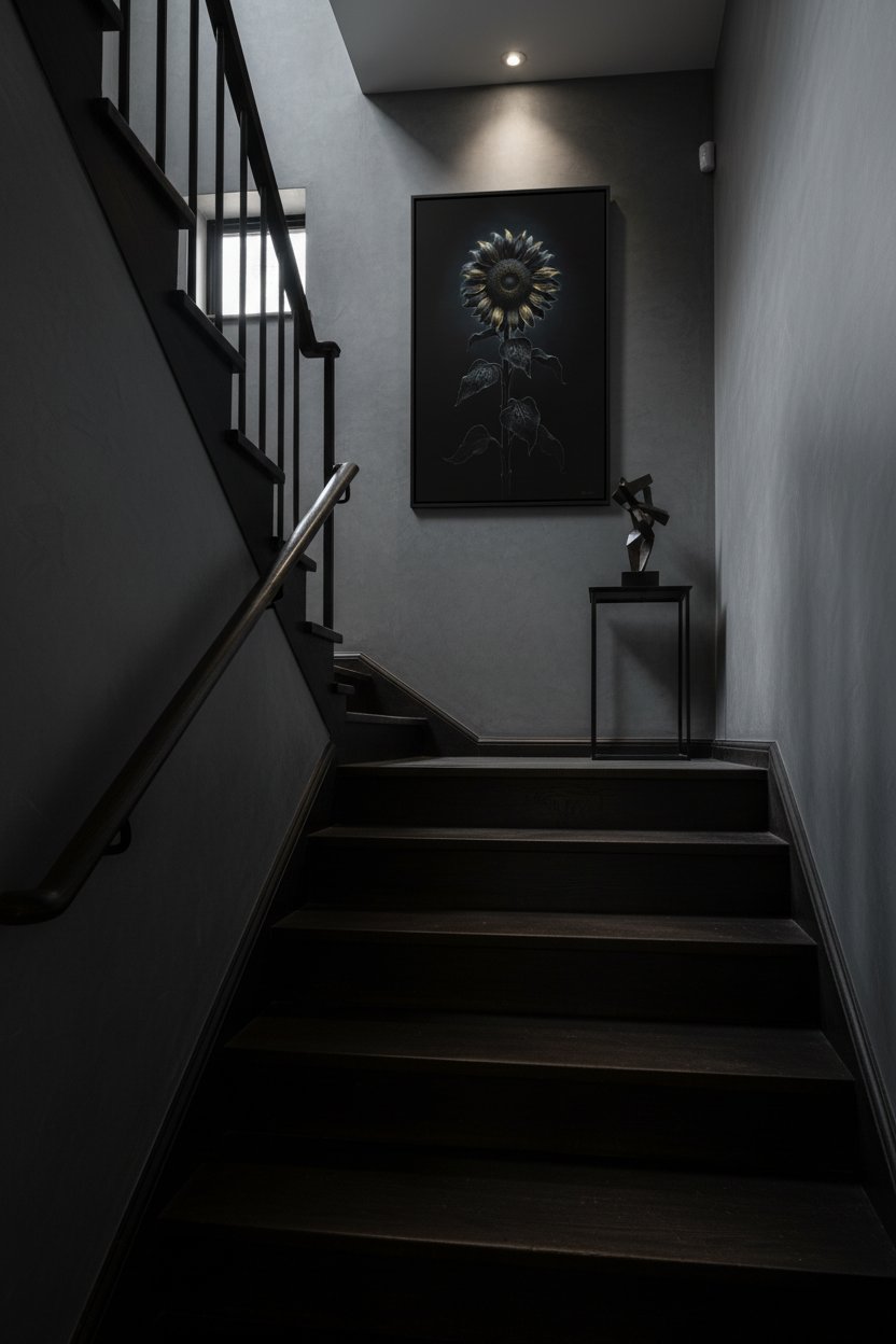 Enigmatic Sunflower: Stillness in Shadow Wall Art wall art room scene 6