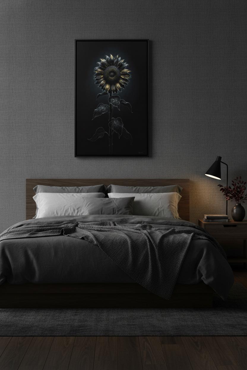 Enigmatic Sunflower: Stillness in Shadow Wall Art wall art room scene 7