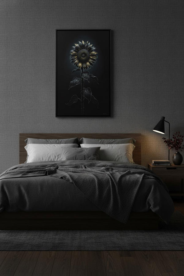 Enigmatic Sunflower: Stillness in Shadow Wall Art wall art room scene 7