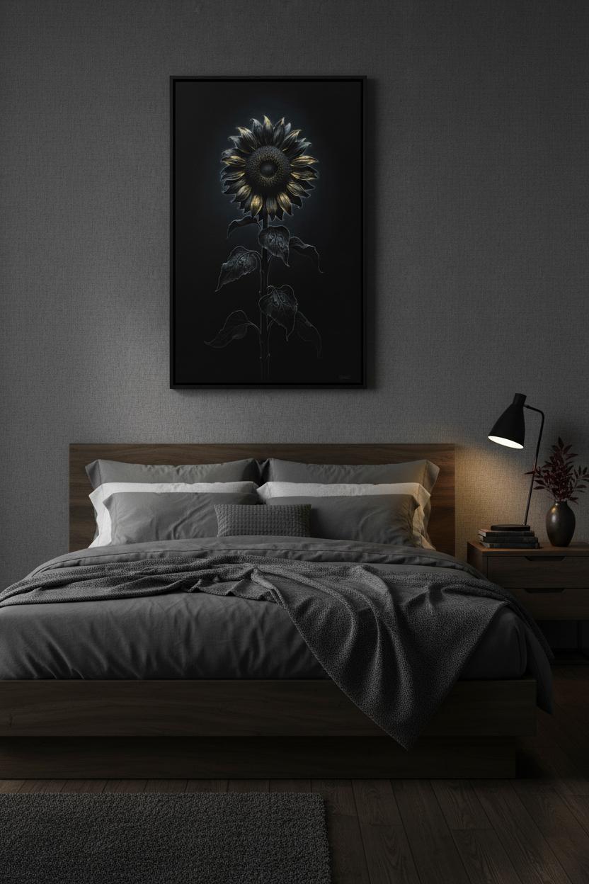 Enigmatic Sunflower: Stillness in Shadow Wall Art wall art room scene 8