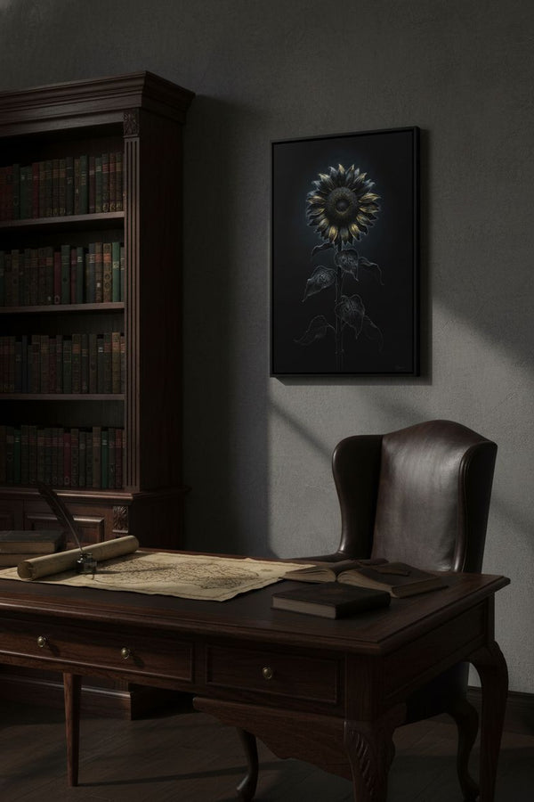 Enigmatic Sunflower: Stillness in Shadow Wall Art wall art room scene 9