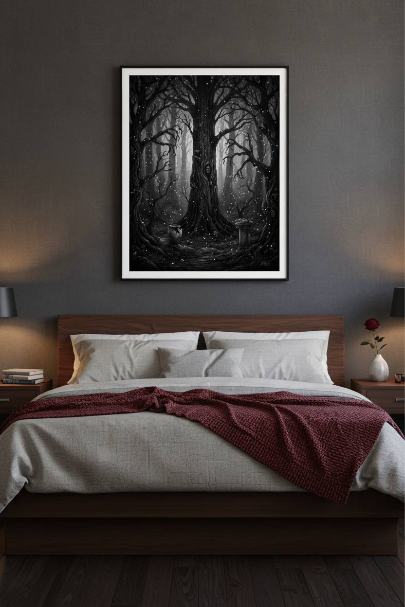 Ethereal Darkwood: Contemplative Fine Art Print wall art room scene 3