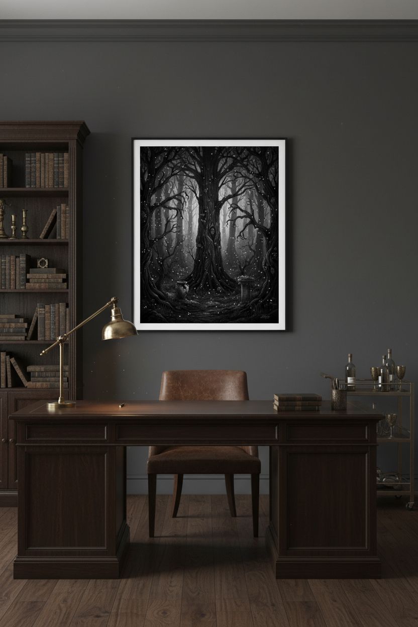 Ethereal Darkwood: Contemplative Fine Art Print wall art room scene 8
