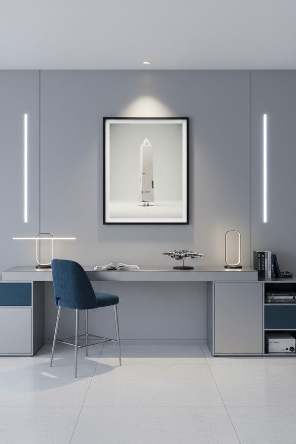 Geometric Ascent Study: Minimal Tech Obelisk Fine Art wall art room scene 3