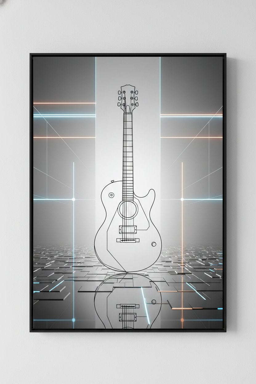 Geometric Guitar Study: Minimal Tech Line Art Print main artwork