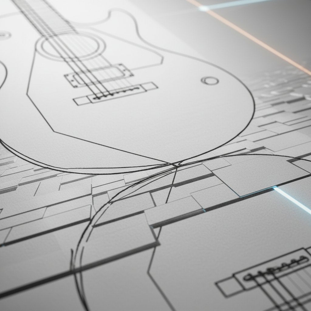 Geometric Guitar Study: Minimal Tech Line Art Print detail close up 11