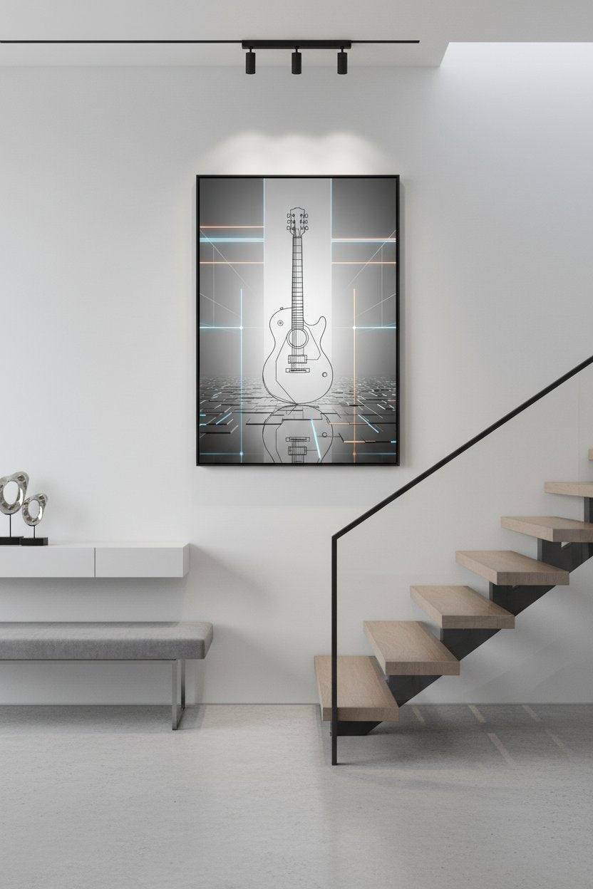 Geometric Guitar Study: Minimal Tech Line Art Print wall art room scene 2