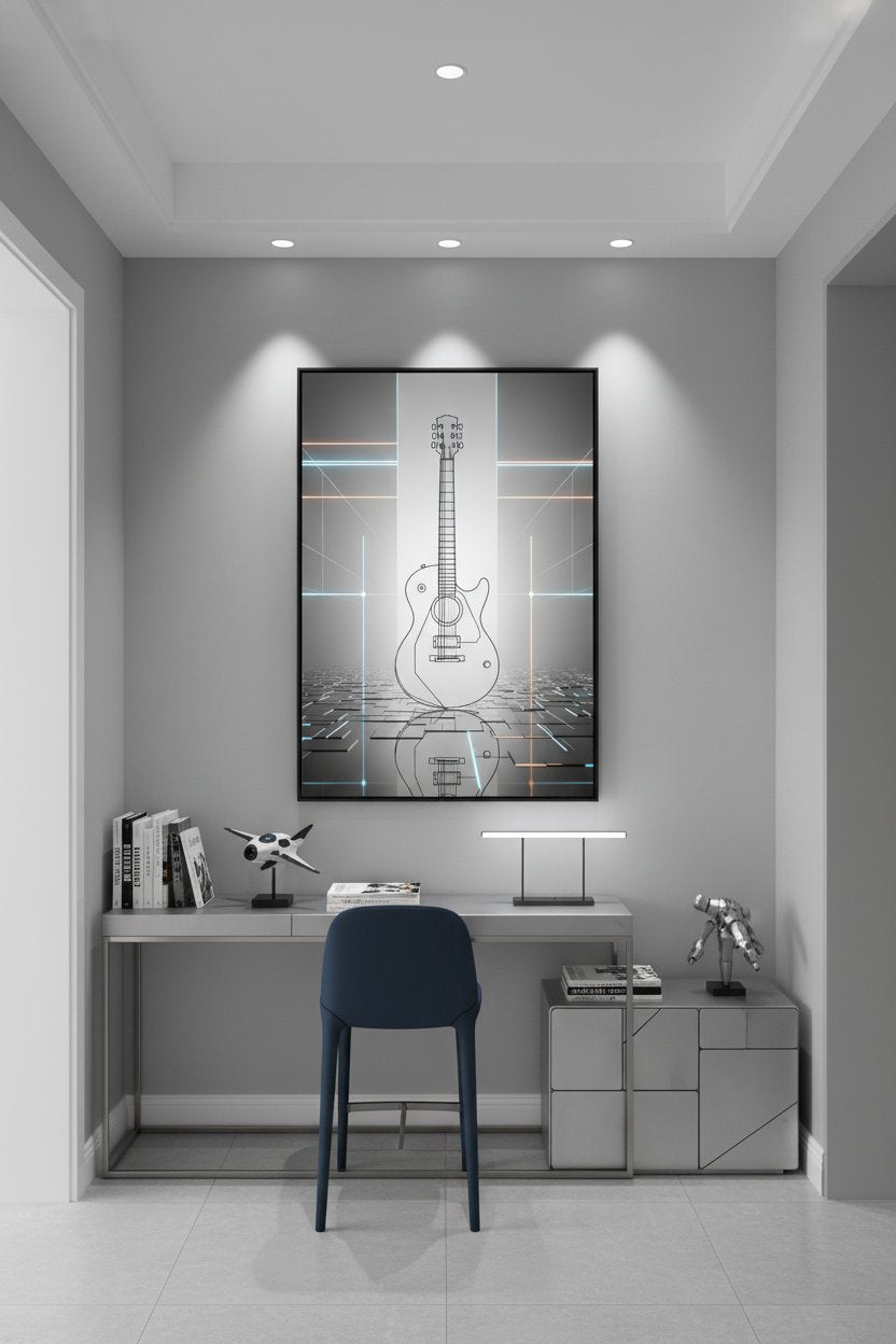 Geometric Guitar Study: Minimal Tech Line Art Print wall art room scene 3