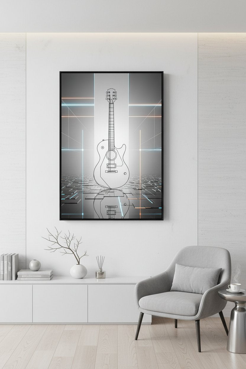 Geometric Guitar Study: Minimal Tech Line Art Print wall art room scene 4